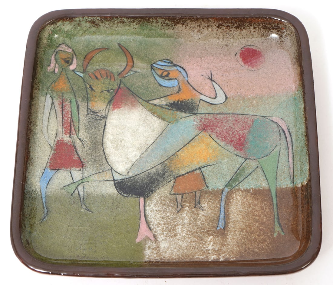 Pillin Pottery Mid Century Modern Dish w/ Bull: Pillin Pottery Mid Century Modern small dish featuring two figures and a bull. Measures 5.5"L x 5.5"W. Condition report: Good condition, please examine all photos closely. Contact C. Biddle Auction Ga