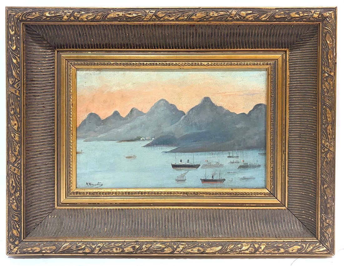 Signed Chinese Export Harbor Scene O/B Painting: Illegibly signed Chinese export harbor scene (possibly of Hong Kong) oil on board painting. Measurements -15"H x 19'W Frame, Board - 8.5"H x 12.5"W. Condition report: Good condition, please examine al