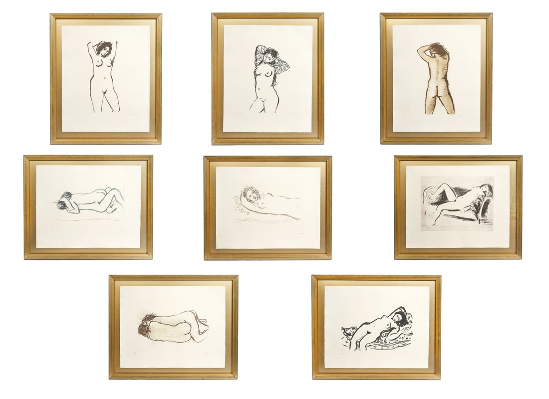 *8 Cosgrove Lithos & La Philharmonie du Pläsier: Stanley Morel Cosgrove, Canada (1911-2002) 8 lithographs of nude women signed lower right, numbered lower left 52/100 on each and mounted in gilt wood frames. Measurements: 3 lithographs measure 27.75