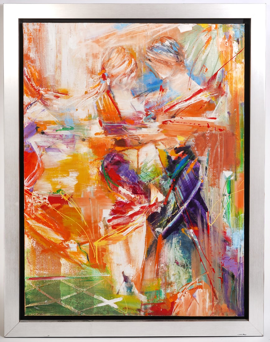 *Fauve Style Large Painting: Fauve abstract style large painting is done in vibrant colors with energetic brushwork and mounted in a metallic silver colored frame. 'Fiesta del Sol 2008' is written on verso along with an illegible