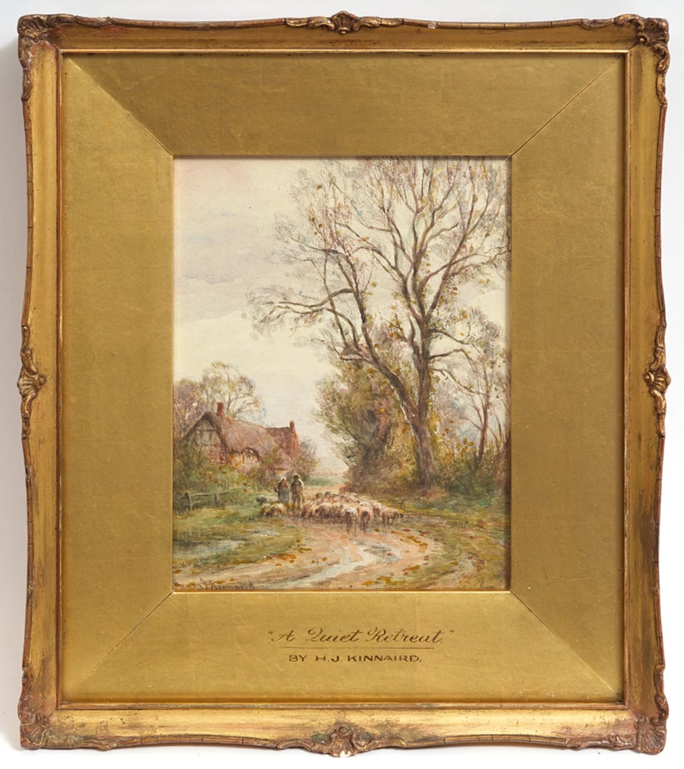 H. J. Kinnaird 'A Quiet Retreat' Painting: Henry John Kinnaird, British (1861-1929). Kinnaird is known for his tranquil depictions of the British countryside. 'A Quiet Retreat' is a watercolor on paper on board and is mounted in a carved gilt