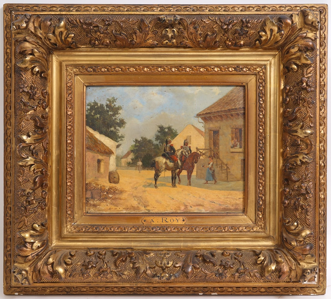 French Oil on Board Framed Painting: French oil on board painting mounted in a carved gilt wood frame with name plate bottom center 'A. Roy'. Hand written information on verso. Measures 19"H x 21"W framed; 8.5"H x 10.5"W visual.