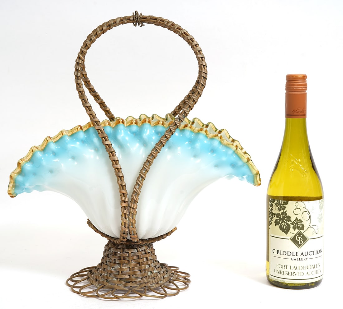 Napoleon III Opaline Bowl & Bronze Basket: Vintage 19th C. Napoleon III period opaline glass bowl with ruffled blue & gilt rim and mounted in bronze basket. Measures 15"H x 14"L x 6.5"W. Condition report: good condition, please see all