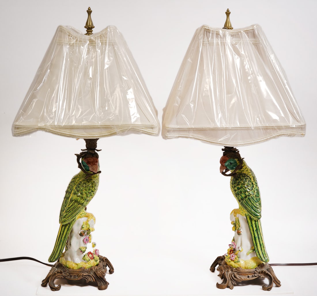 Pr Porcelain Parrot Candlestick Lamps Bronze Bases (1 of 7)