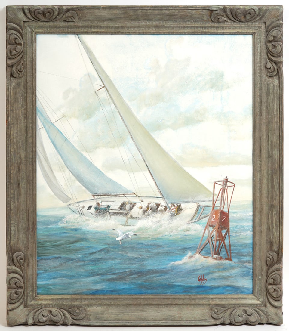 Joe Gibbs Florida Artist Nautical O/C Painting: Joe D. Gibbs, American (1948 - 1998). Florida artist, nautical oil on canvas painting is signed lower left. Measurements: Canvas - 32"H x 25"W , Frame 38"H x 32"W. Condition report: Good condition, pl