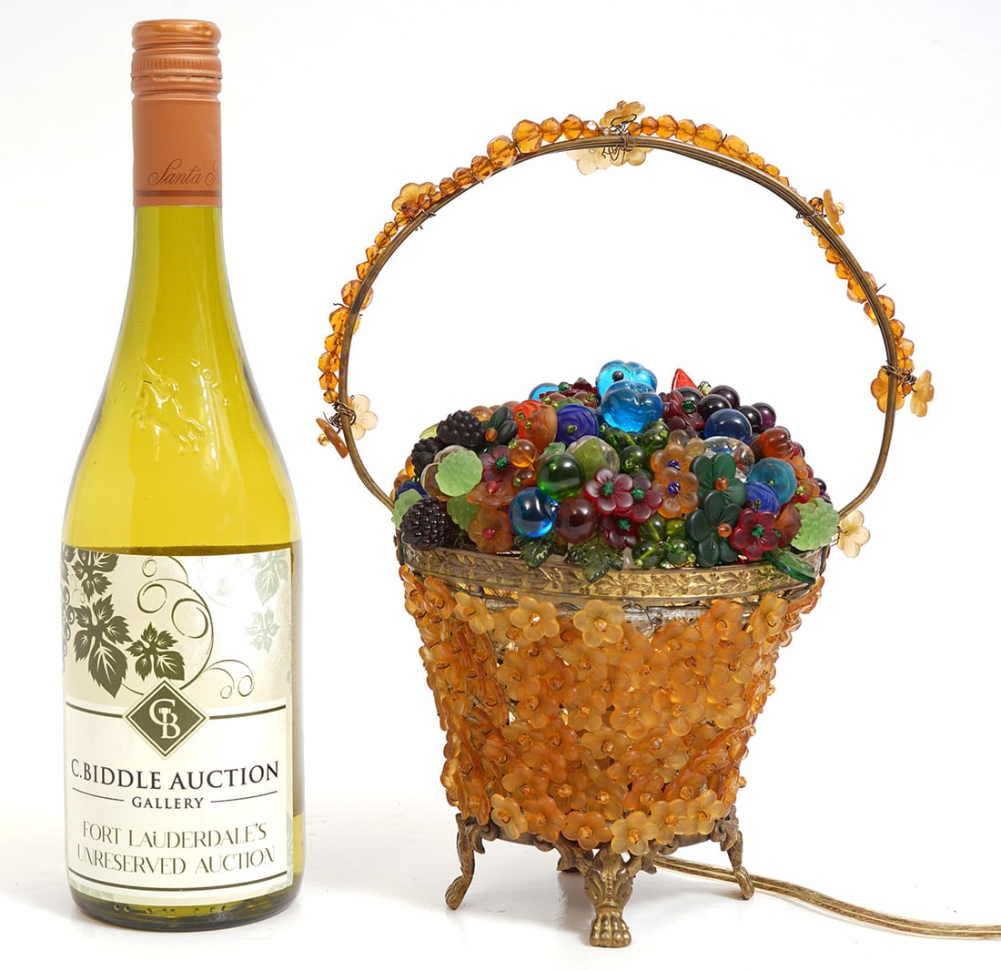 Czech Beaded Glass Fruit Basket Lamp: Czech beaded glass fruit basket lamp measures 8"L x 5.5"W x 10.5"H. Condition report: Good condition, please examine all photos closely. Contact C. Biddle Auction Gallery for more detailed