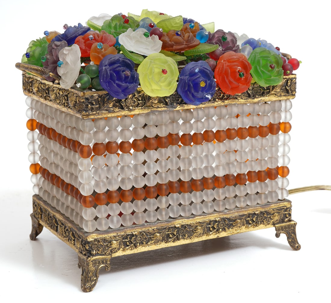 Czech Beaded Glass Rectangular Fruit Basket Lamp: Czech beaded glass fruit basket lamp, rectangular shape. Measures 9"L x 5.5"W x 7. 5"H . Condition report: Good condition, please examine all photos closely. Contact C. Biddle Auction Gallery for more