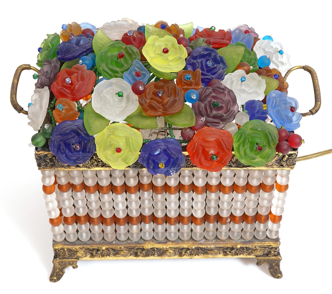 Czech Beaded Glass Rectangular Fruit Basket Lamp - 3