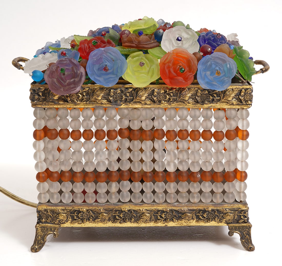 Czech Beaded Glass Rectangular Fruit Basket Lamp - 7