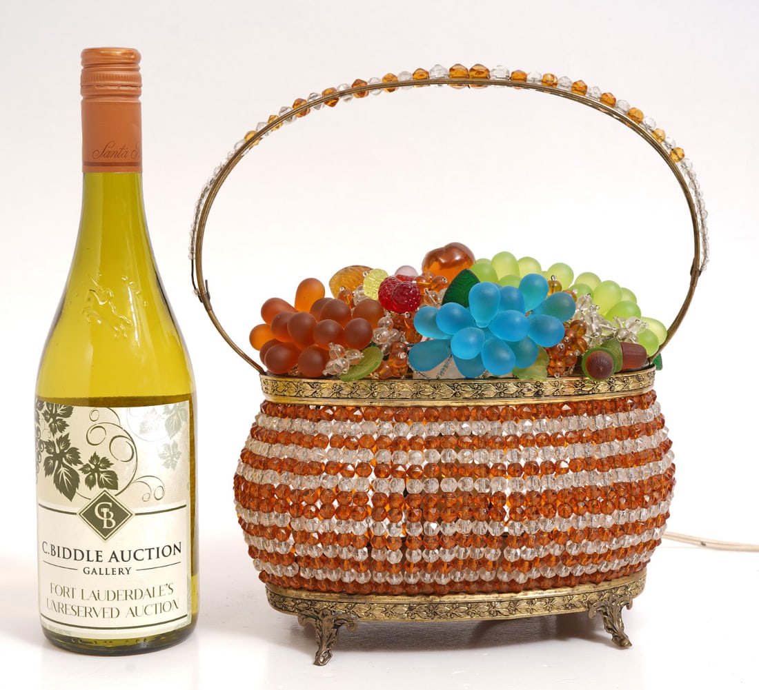 Czech Beaded Glass Fruit Basket Lamp: Czech beaded glass fruit basket lamp, rectangular shape. Measures 10"L x 5.5"W x 11"H . Condition report: Good condition, minor bend to feet, please examine all photos closely. Contact C. Biddle Aucti