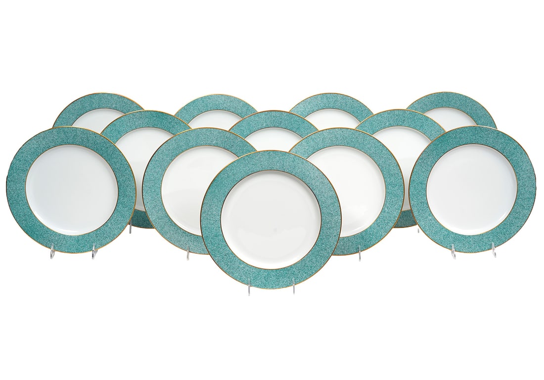 12 Bernardaud Limoges China Chargers: 12 Bernard Limoges china chargers with gilt rims and mottled turquoise borders. Marked on underside. Measures 11.5"W. condition report: good condition, please see all photos. Contact AAG for more deta