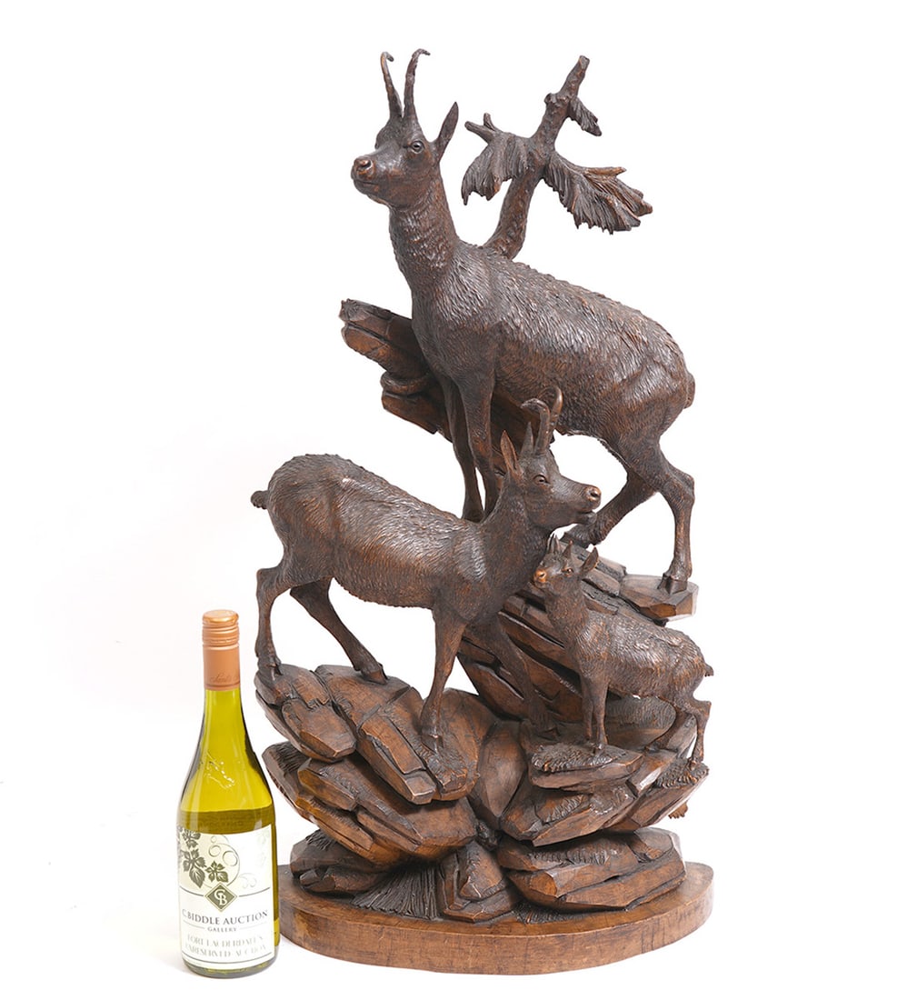 19th C. Swiss Black Forest Chamois Group Sculpture: 19th Century Swiss Black Forest chamois (mountain goat) group sculpture. Measures 15"L x 6"W x 29"H. Condition report: Various visible signs of restoration, please examine all photos closely. Contact 
