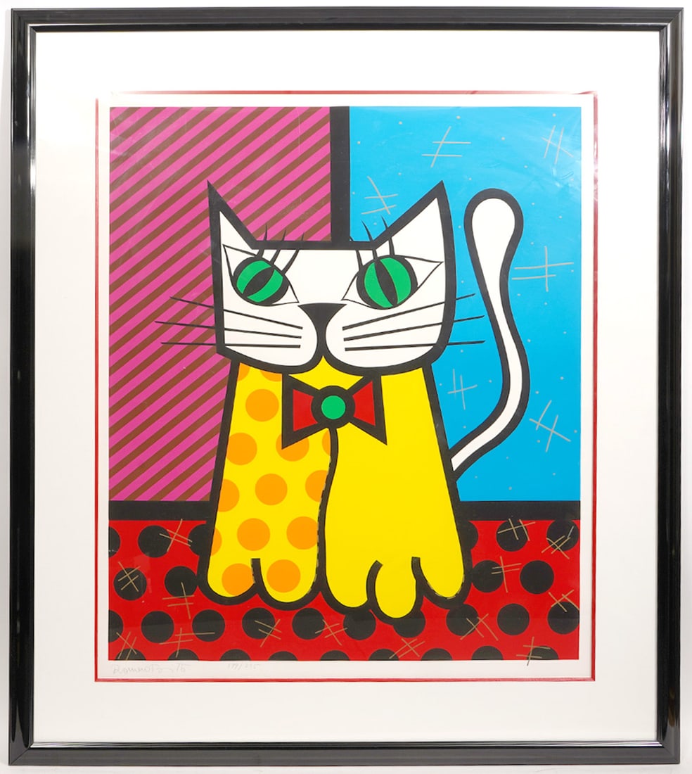 Romero Britto 'Commemorative Cat' Lithograph: Romero Britto, Brazil (Born 1963). 'Commemorative Cat' lithograph is signed and numbered 199/275 lower left. It is mounted in a black lacquer frame and matted in white and black. Measures 49.5"H x 43"