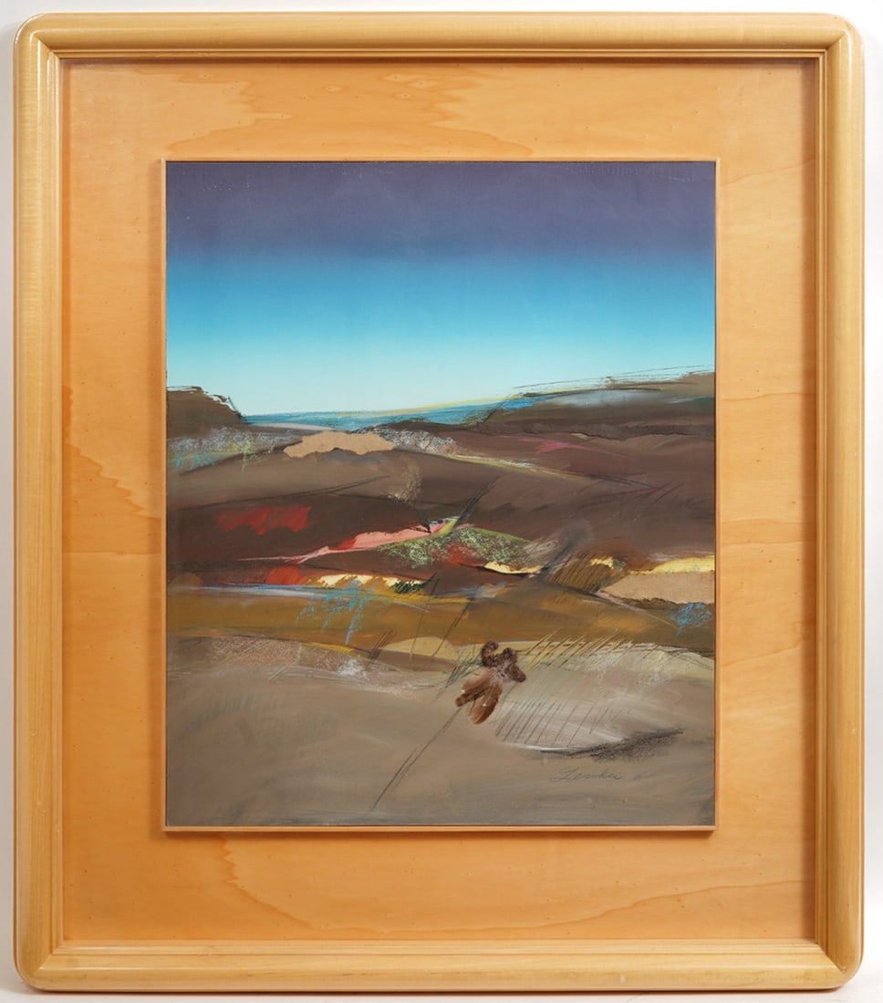 Marlene Lenker Mixed Media Painting: Marlene Lenker (American, 1932 -2015) mixed media art, framed behind plexiglass. Measurements: Visual image 27"H x 21.5"W, Frame - 40"H x 33"W. Condition report: Good condition, please examine all pho