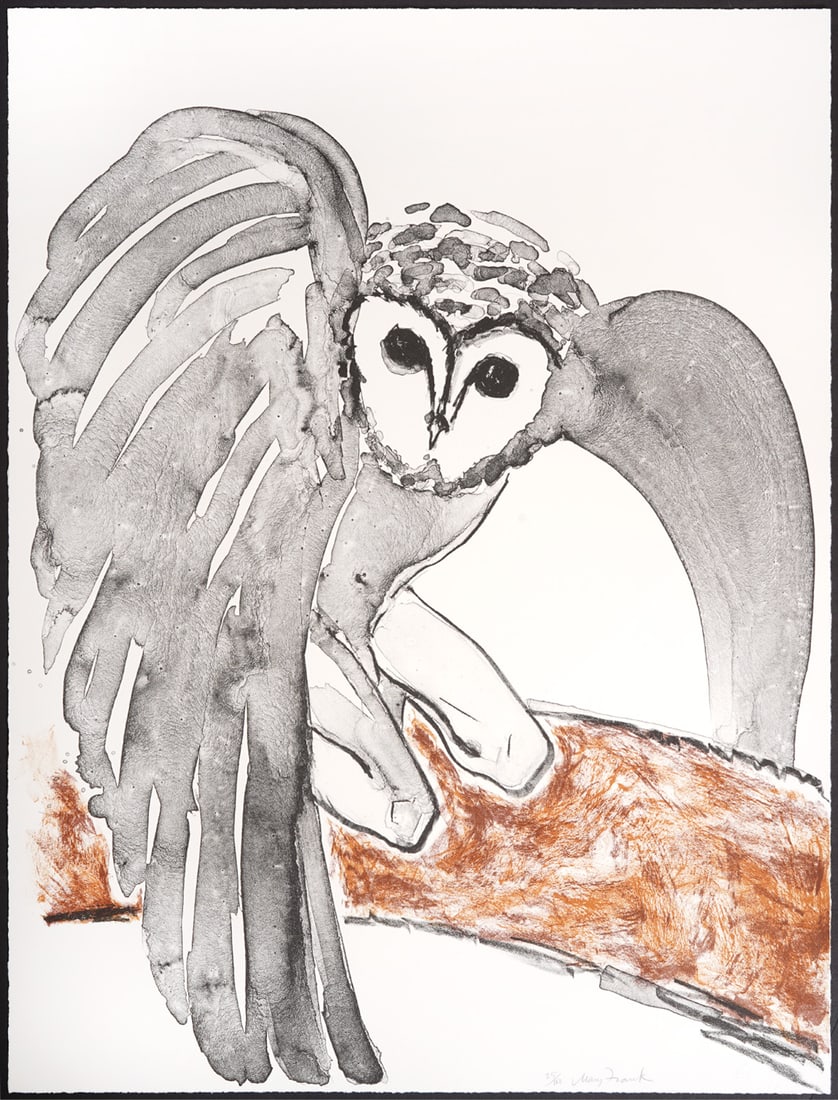 Mary Frank 'Owl on Tree' 1997 Lithograph: Mary Frank, England (Born 1933). 'Owl on Tree' 1997. Lithographic tusche wash and crayon on Rives BFK White paper. Paper is not framed and the Image is 24" x 18", paper is 24" x 18". Signed and number