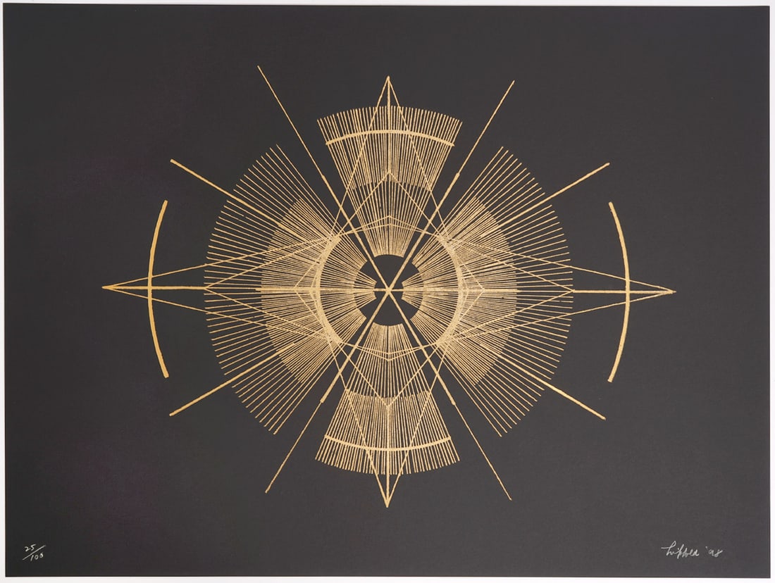 Richard Lippold 'Little Sun' Screenprint: Richard Lippold, American (1915-2002). 'Little Sun' 1998. Two gold screen prints and one hot stamping on Arches Black. Paper is not framed and the Image is 13.5" x 18", paper is 18" x 24". Signed and 