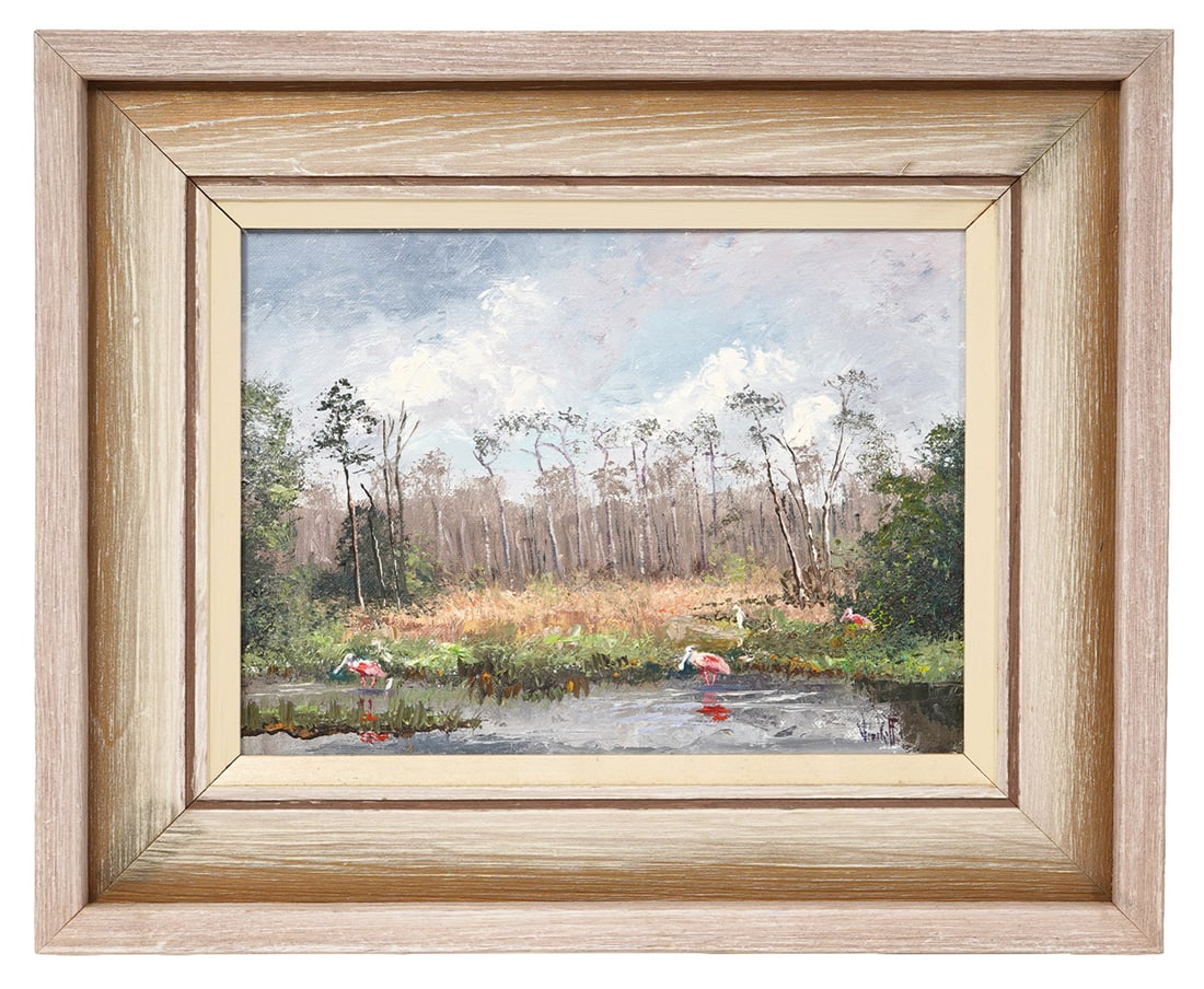 Sam Vinikoff 'Big Cypress' Oil Painting: Sam Vinikoff (American, 1919). 'Along Turner River Road or Big Cypress'. Oil on board painting signed lower right. Board is 9"H x 12"W, framed 14.5"H x 17.5"W. Condition report: no issues, please see 
