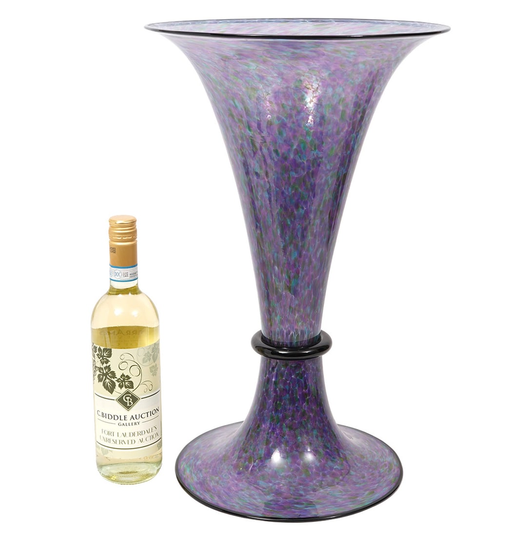 Michael Cohn & Molly Stone Art Glass Vase: Michael Cohn & Molly Stone studio art glass vase, features mottled purple and green hues with flared top and base. Signed and dated (2000) at base Measures 19"H x 12"W. Condition report: Good conditio