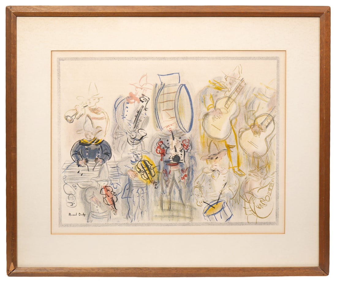 Raoul Dufy 'La Fanfare' Lithograph: Raoul Dufy, France (1877-1953). 'La Fanfare' is mounted in a wood frame and signed lower left. Label on verso from Charles Z. Mann Gallery. Measures 21.75"H x 25.5"W framed; 14.5"H x 18"W visual. Cond