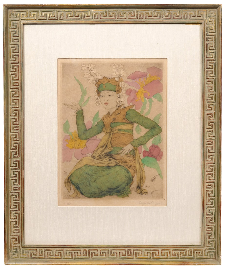 Elyse Ashe Lord 'Bali Dancer' Etching: Elyse Ashe Lord, British (1900-1971). 'Bali Dancer' is a hand colored etching signed lower right and numbered lower left 35/75. It is mounted in a wood frame with a Greek Key design. Label on verso 'T