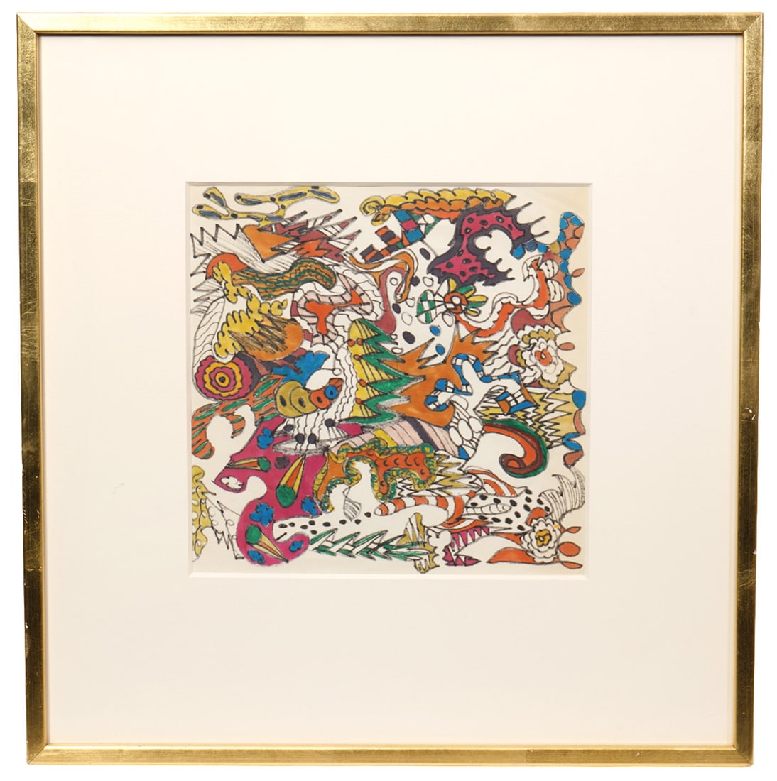 Tanisha Vernekar Mixed Media Painting: Tanisha Vernekar, American (Born 1990). This mixed media of colorful doodle art with interconnected shapes and patterns that fill the entire space with vibrant and abstract forms. Mounted in a gilt me