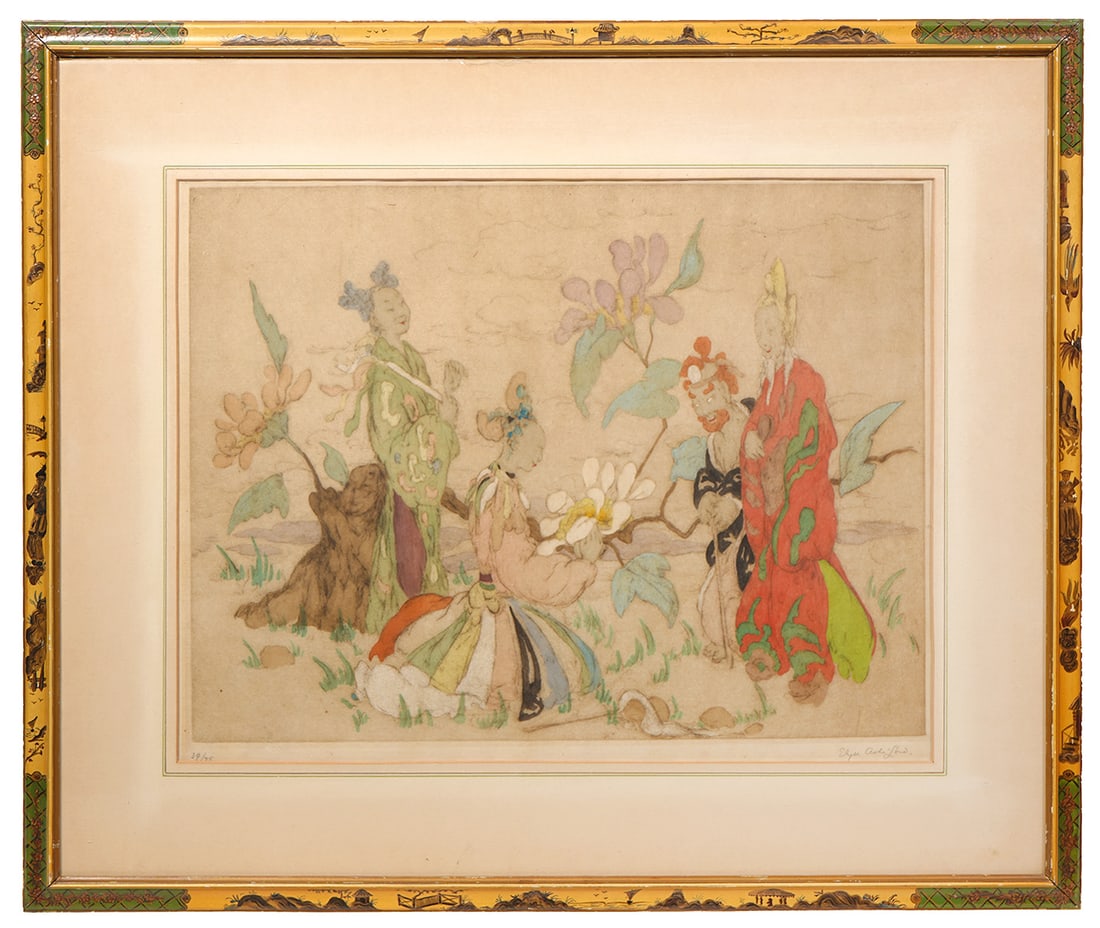Elyse Ashe Lord Color Etching: Elyse Ashe Lord, British (1900-1971). Color etching is signed lower right and numbered lower left 39/75, mounted in a paint decorated wood frame. Measures 26.75"H x 31"W framed; 17.5"H x 22"W visual. 