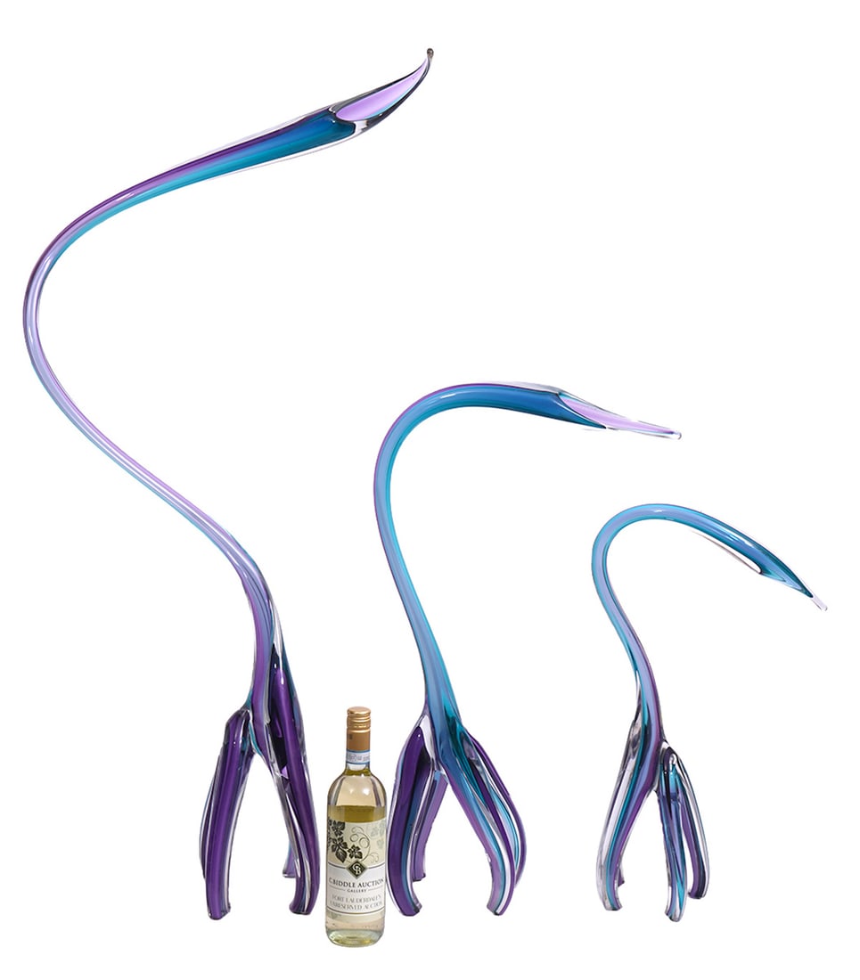 Barry Entner "Nuclear Family" 3Pc Glass Group: Barry Entner "Nuclear Family" 3-pieces art glass group. Abstract sculptures of four legged forms with elongated necks. Signed and dated on largest piece, at foot. Measurements: Small (21"H x 11"W), M 