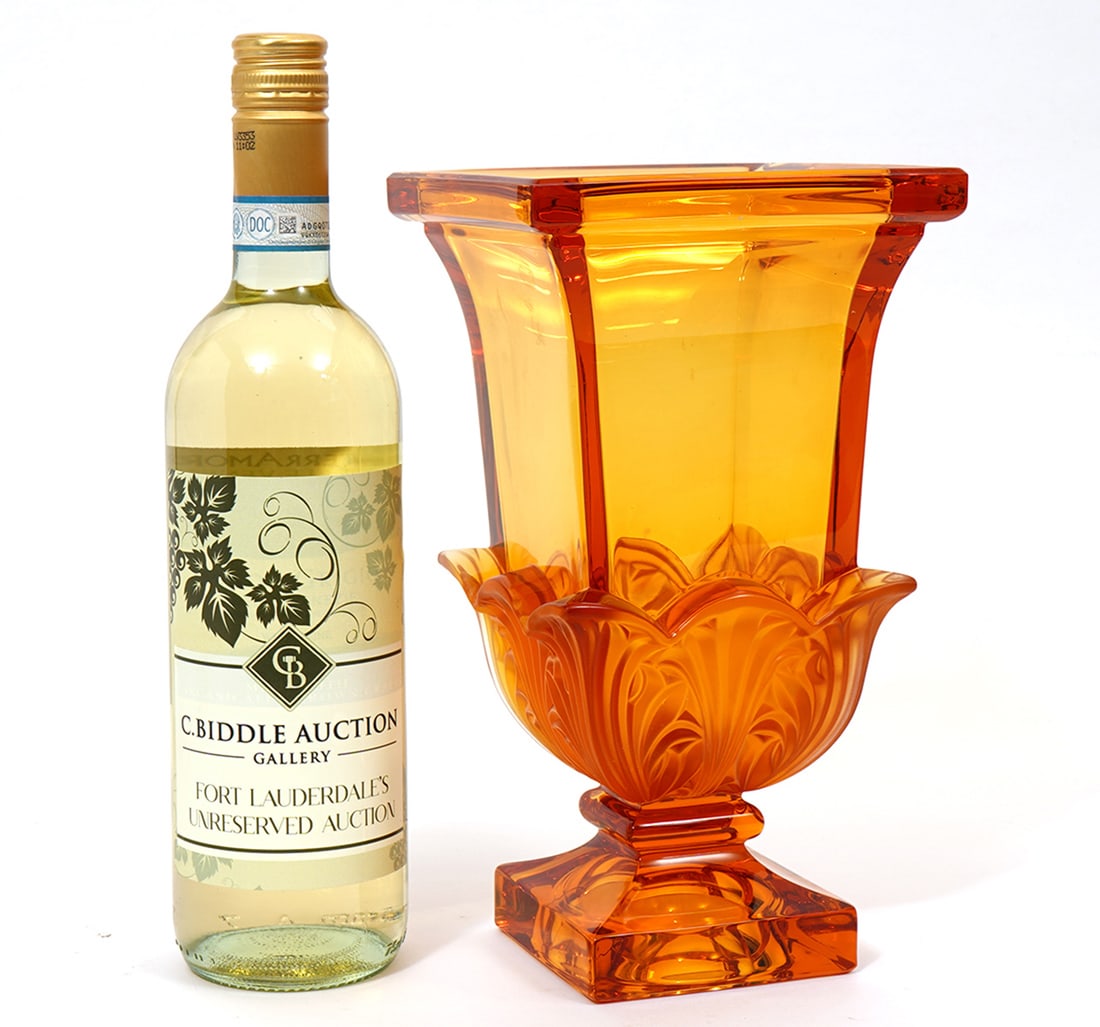 Moser-Style Orange Clear and Frosted Crystal Vase: josephinenhutte Moser-style Acanthus orange crystal vase with satin finish accents. Measures 10"H x 5.5". Condition report: Good condition, please examine all photos closely. Contact C. Biddle Auction