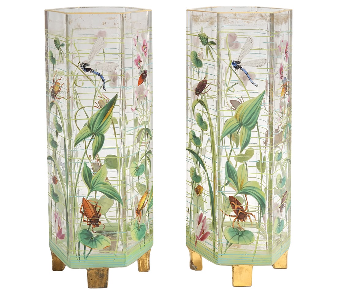 Moser Hand-Painted Glass Vase with Insect Motif: Moser glass vase with hand-painted insect motif. Hexagonal form, gilt rim and raised on four feet. Measures 9.5"H x 4"W. Condition report: Chip to one foot, some paint loss, please examine all photos 