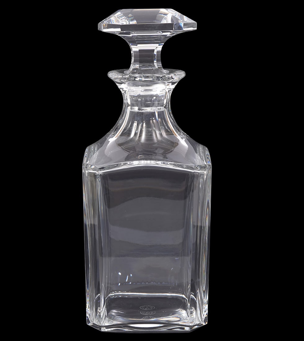 Baccarat Crystal "Perfection" Square Decanter: Baccarat "Perfection" decanter is acid etched and hallmarked underside. Measures 9.5"H x 4"W. Condition report: Good condition, please examine all photos closely. Contact C. Biddle Auction Gallery for