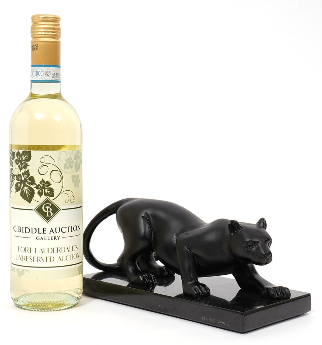 Faberge Pate-De-Verre LE Panther Sculpture: Faberge pate-de-verre limited edition (004/500) panther sculpture mounted on stone base. Signed and numbered on base Measures 9.5"L x 4.5"W x 4.5"H. Condition report: Good condition, please examine al