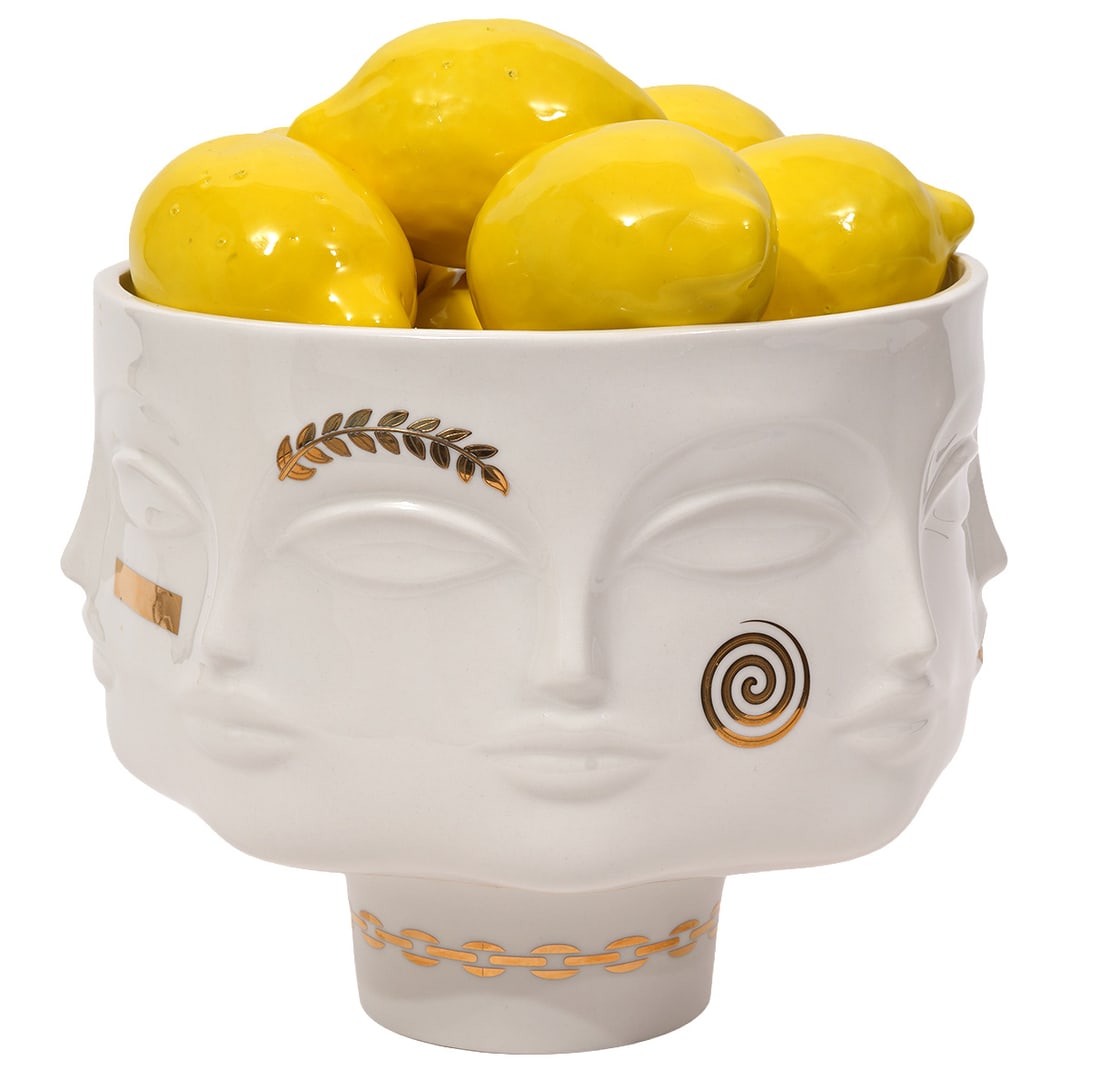 Jonathan Adler Gilded Dora Maar w/ Ceramic Lemons: Jonathan Adler Gilded Dora Maar ceramic bowl with ceramic lemons. Bowl measures 8.25"W x 7.25"H. Each lemon is approximately 4"L. Condition report: Good condition, please examine all photos closely. C