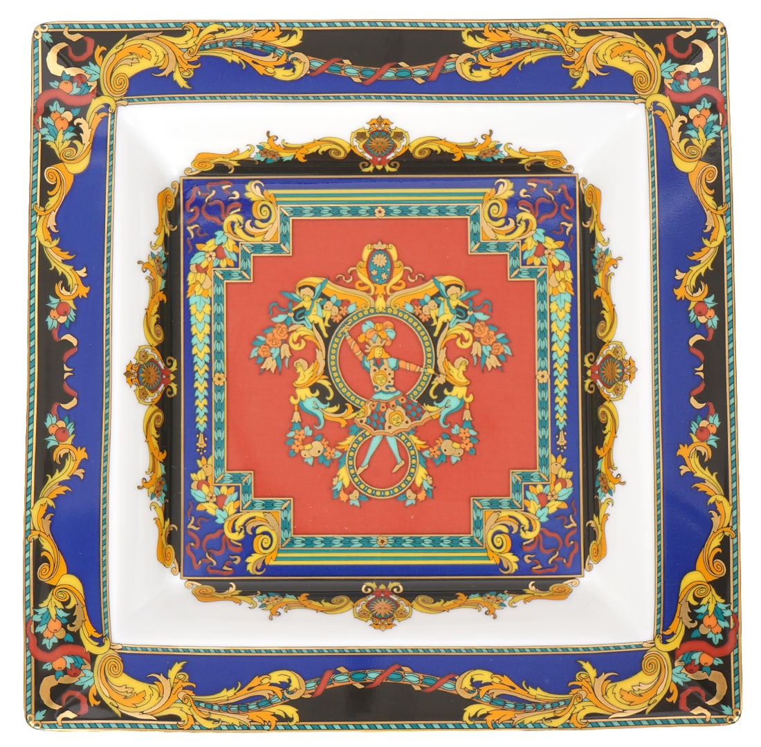 Rosenthal Versace Le Roi Soleil Square Bowl: Rosenthal Versace "Le Roi Soleil" square bowl (1993) measures 8.5"H x 8.5"W. Condition report: Good condition, please examine all photos closely. Contact C. Biddle Auction Gallery for more detailed in