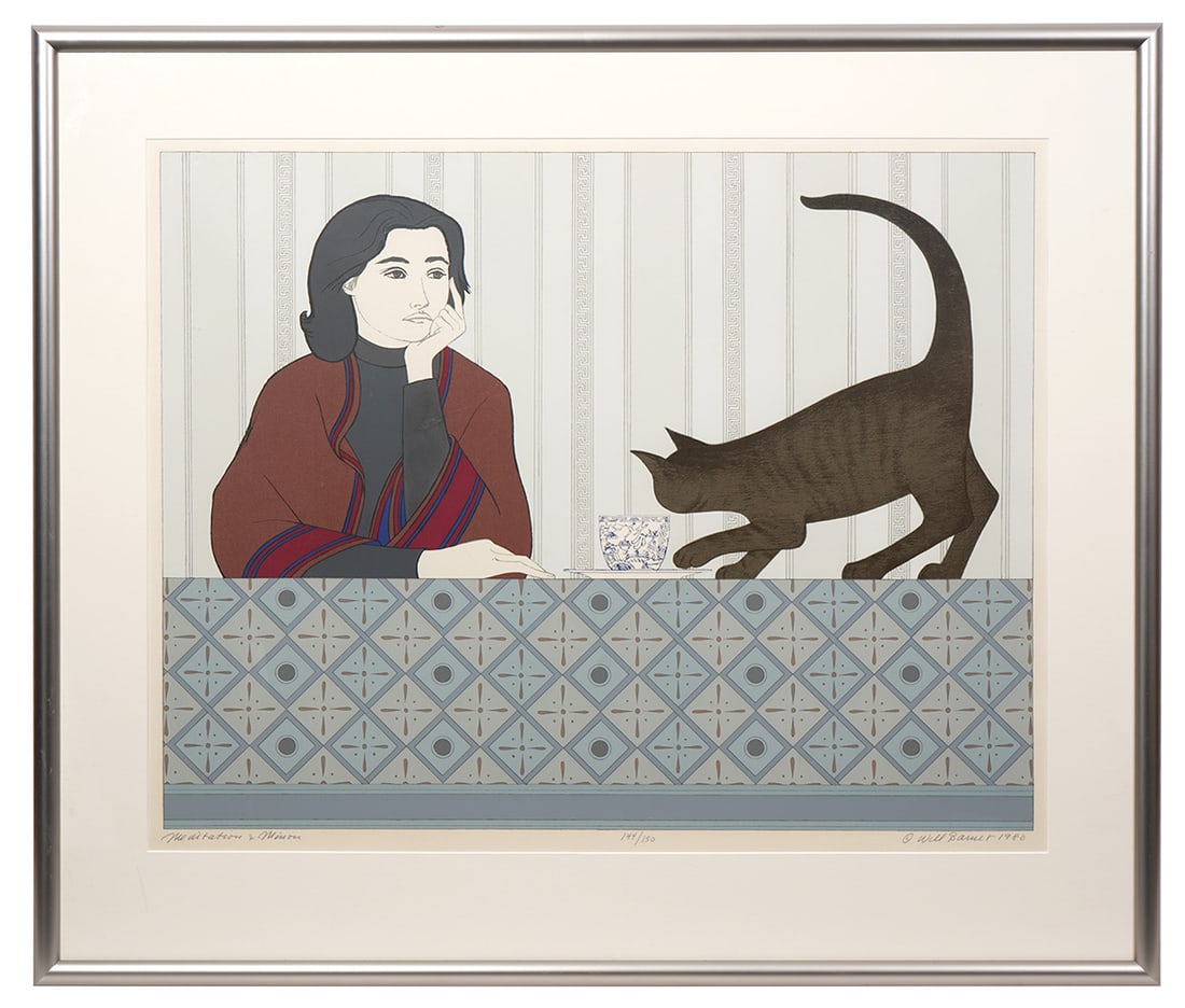 Will Barnet 'Meditation And Minou' Lithograph: Will Barnet 'Meditation And Minou' lithograph is titled lower left, signed and dated 1980 and numbered bottom center 144/150. Mounted in a brushed chrome frame this measures 31.25"H x 36" W framed and