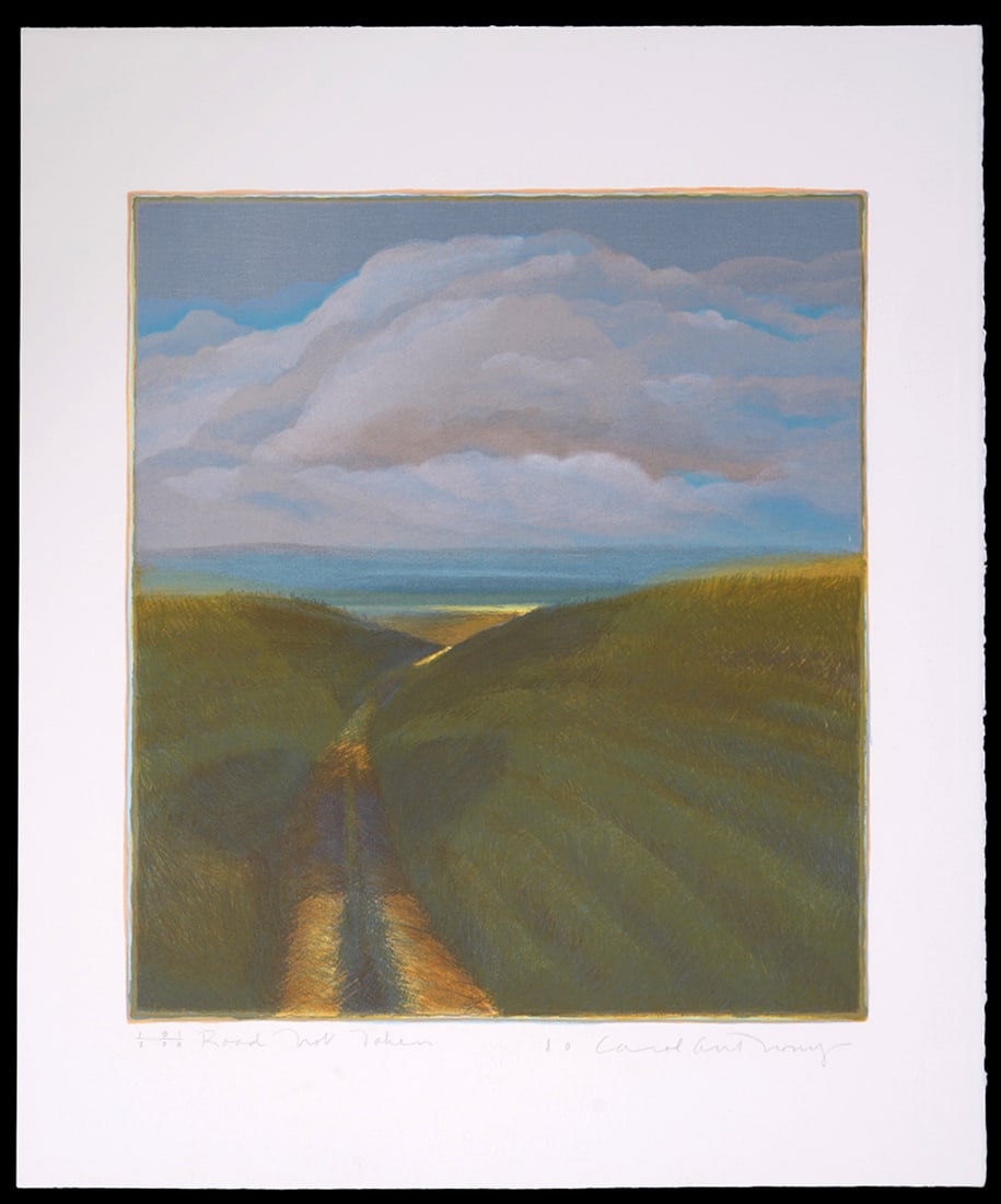 Carol Anthony 'Road Not Taken' Lithograph: Carol Anthony, American (Born 1943). 'Road Not Taken' is a hand colored lithograph of a minimalist landscape. It is on deckled edge paper and unframed, signed and dated lower right '80; titled and num
