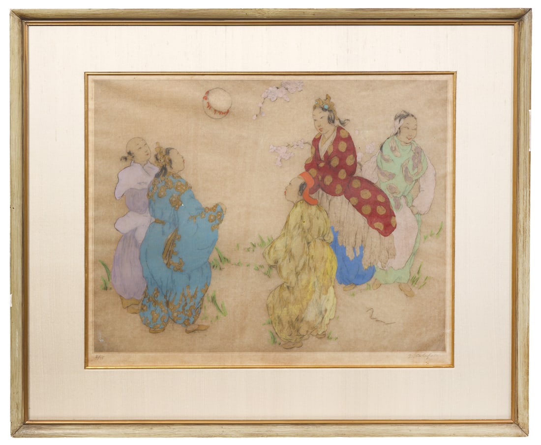Elyse Ashe Lord Hand Colored Etching: Elyse Ashe Lord, British (1900-1971). This hand colored etching is mounted in a thin wood frame, signed lower right and numbered lower left 8/75. Measures 23"H x 27.75"W framed; 15.5"H x 19"W visual. 