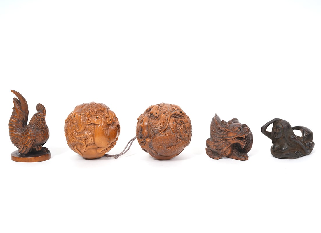 Group of Five Chinese Hand-Carved Wood Netsuke (1 of 13)