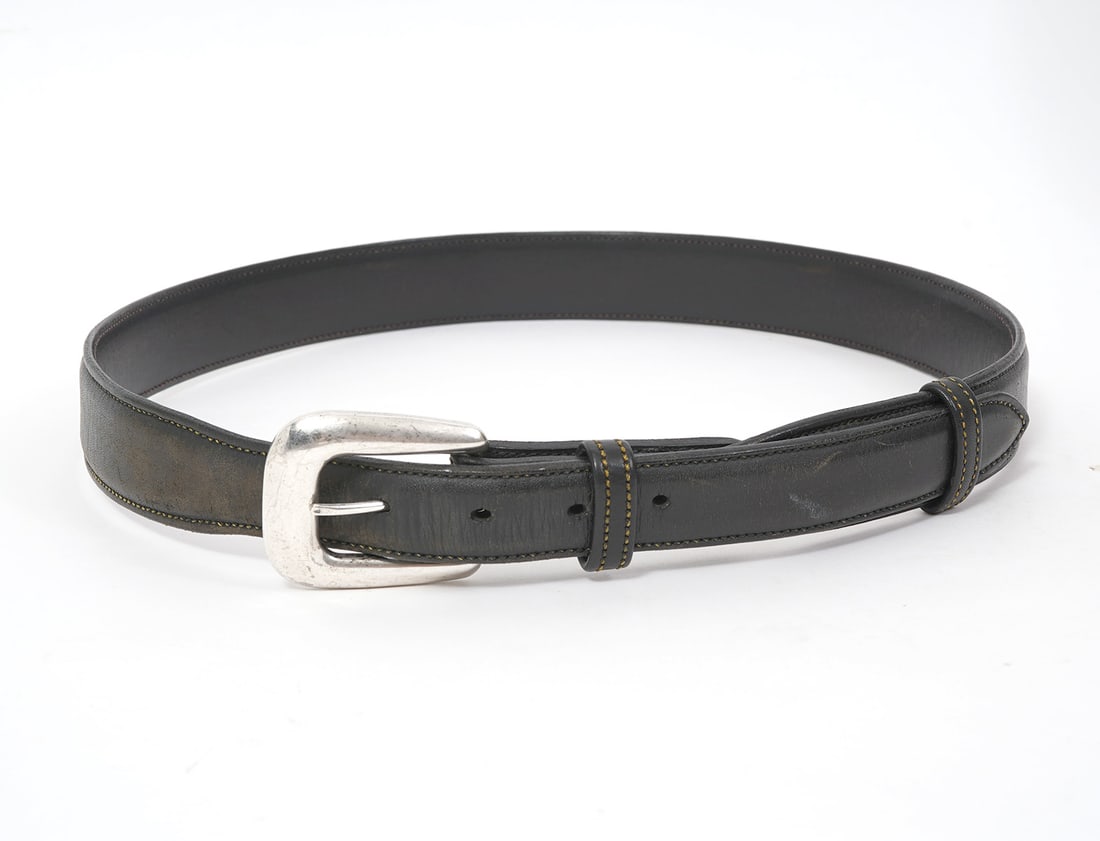 Vogt Leather Belt Sterling Silver Buckle: Vogt leather belt sterling silver buckle, size 32 and approx 1.25"W. Condition report: Common wear from use, please examine all photos closely. Contact C. Biddle Auction Gallery for more detailed info
