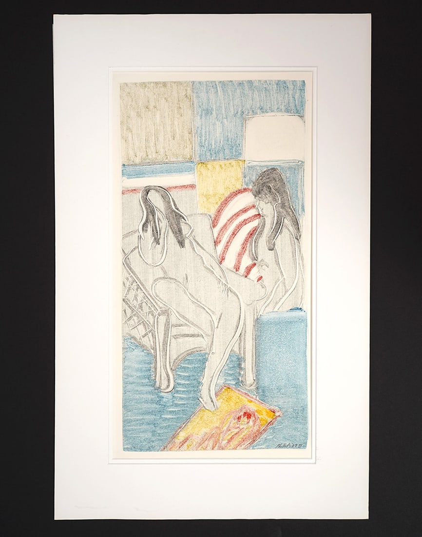 Matt Phillips 'Two Nudes II' Monotype: Matt Phillips, American (Born 1927). Monotype on paper laid on poster board, unframed. Gallery label from David Morris Gallery, Inc. Signed lower right and dated '79 II. Measures 28.75"H x 17.75"W pos