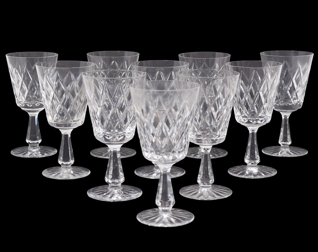 10 Waterford Kinsale Crystal Water Goblets: 10 Waterford Kinsale crystal water goblets with criss-cross cut diamond pattern. Each measures approximately 6.75"H. Condition report: Good condition, please examine all photos closely. Contact C. Bid