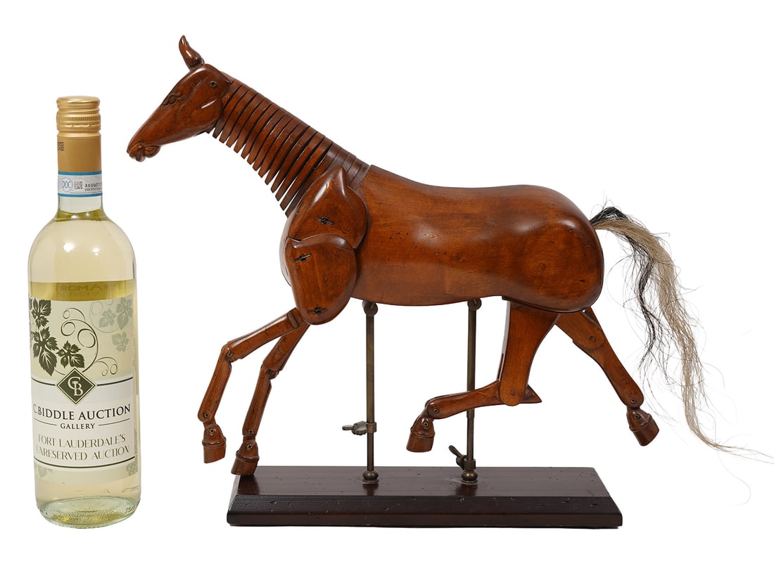 Articulated Carved Wood Horse Artist's Model: Articulated carved wood horse, artist's model, features movable legs and neck. Measures approximately 14"H x 14"W. Condition report: Good condition, please examine all photos closely. Contact C. Biddl