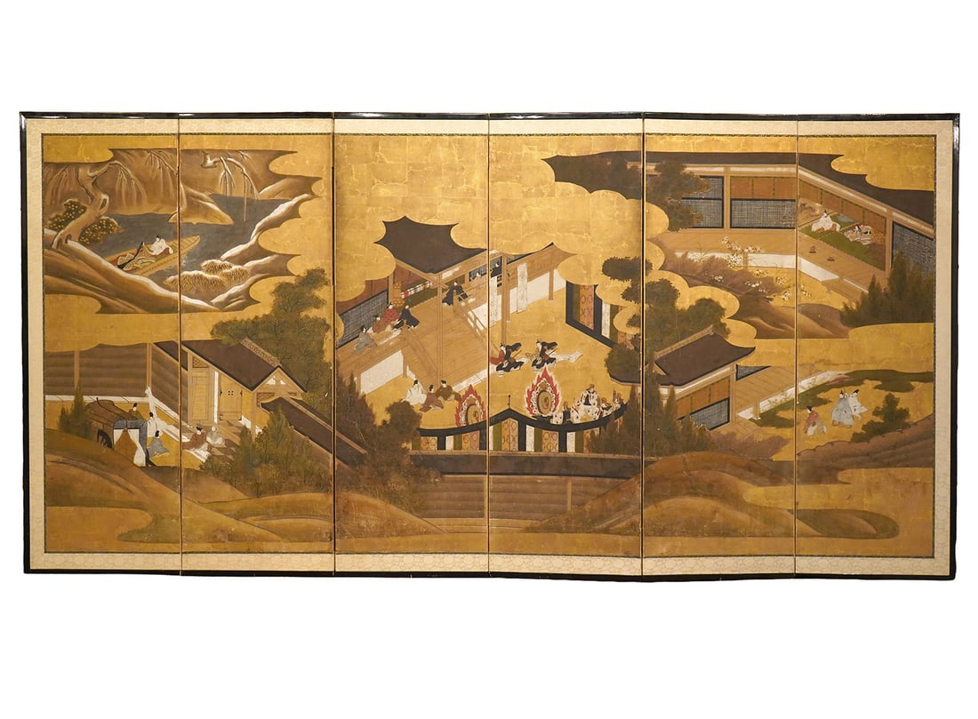 Japanese 6-Panel Hand-Painted Screen: Japanese 6-panel hand-painted gouache on paper mounted on wood folding screen with embroidered fabric border Features village scene with many figures. Measures 54"H x 106"W. Condition report: Good con