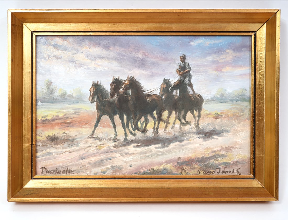 Hungarian Pusztaotos Oil on Board Painting: Hungarian Pusztaotos oil on board painting, signed depicts Hungarian horseman commanding five horses at one time. Measurements: Board - 9"H x 13"W, Frame - 10.5"H x 15"W. Condition report: Good condit