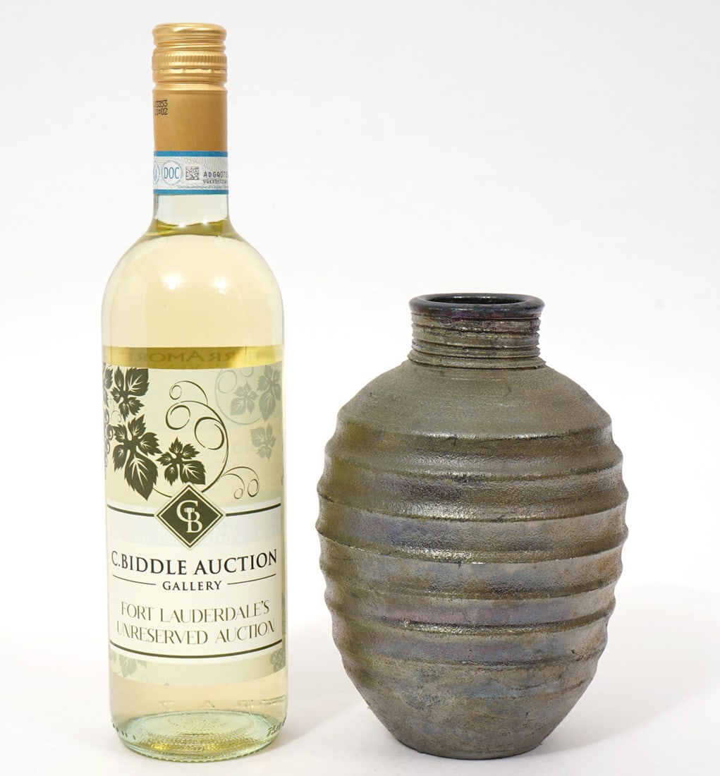 Japanese-Style Raku Pottery Vase Signed "B": Japanese-Style Raku pottery vase, signed "B" underside. Features a textured matte glaze with partial iridescence. Measures 7.5"H x 5"W. Condition report: Good condition, please examine all photos