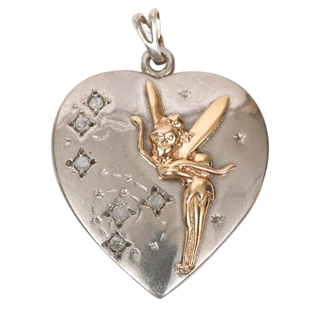 Disney Sterling 14K Diamond Tinkerbell Pendant: Disney sterling silver and 14K yellow gold with small diamonds Tinkerbell pendant. Measures 1.5"H x 1"W. Weight - 13.1g. Condition report: Good condition, please examine all photos closely. Contact C.