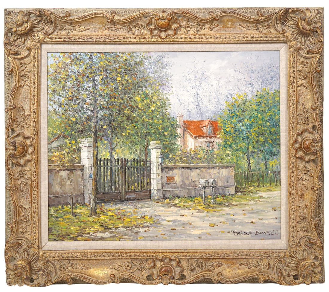 Impressionist-Style Cottage Scene O/C Signed: 20th Century Impressionist-style oil on canvas cottage scene, signed "Peter Bunell" lower right. Measurements: Canvas - 20"H x 24"H; Frame - 28"H x 32"W. Condition report: Good condition, please exami