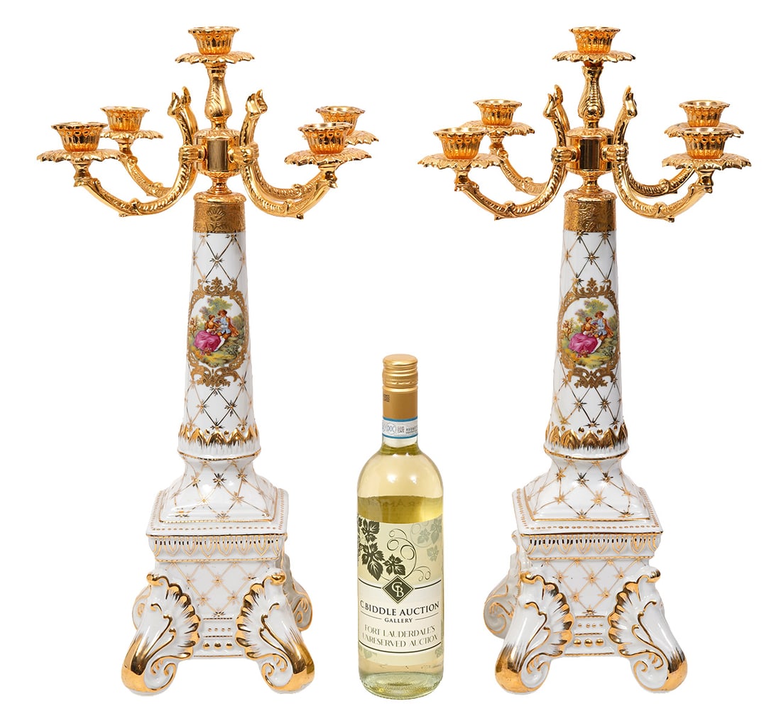 Pr Limoges Porcelain Gold Tone Candelabras: Pair of Contemporary Limoges porcelain gold-tone candelabras features gold and white classical-style decoration with romance-theme vignettes. Each measures 22"H. Condition report: Good condition, plea