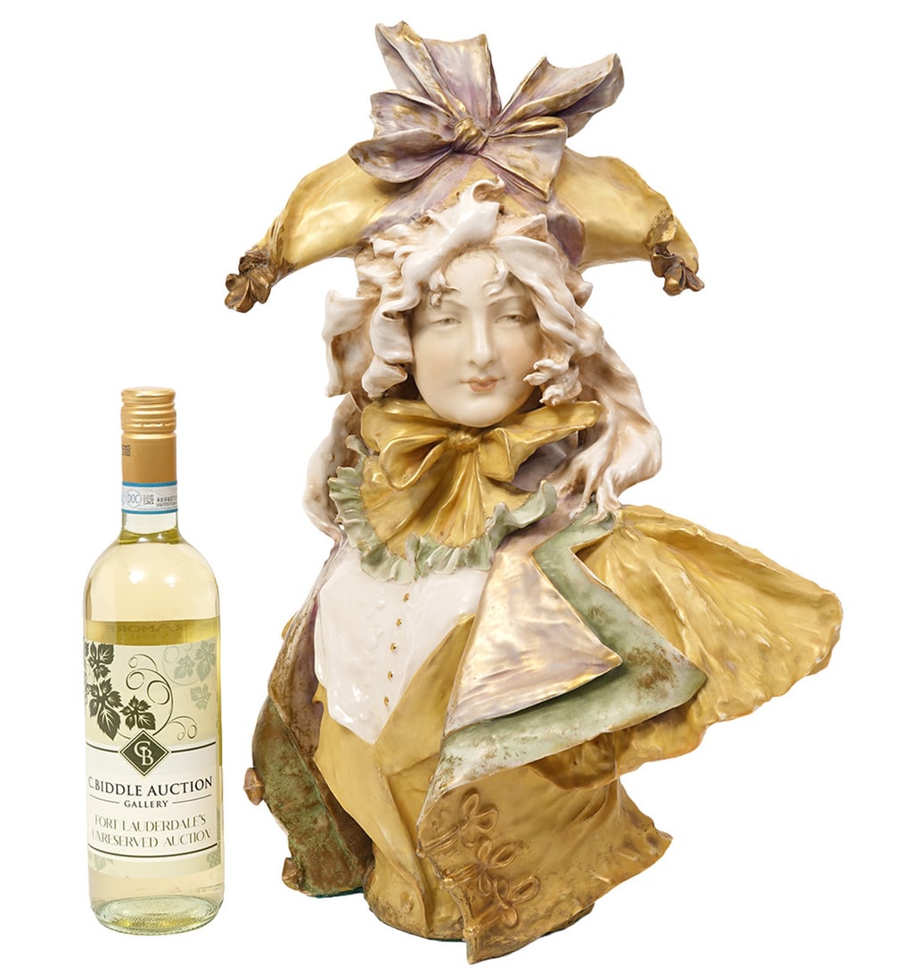Austrian Art Nouveau Teplitz Porcelain Bust: Austrian Art Nouveau Female Porcelain Bust, possibly Eduard Stellmacher for Turn-Teplitz. Measures 19.5"H x 16"W. Condition report: Good condition, please examine all photos closely. Contact C. Biddle