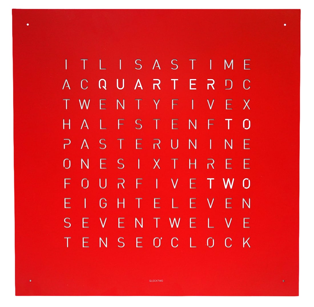 Biegert & Funk Qlocktwo Cherry Red Wall Clock: Qlocktwo Classic cherry red wall mounted clock by Biegert & Funk. Spells out the time in English and includes USB power cord and mounting bracket. Measures 17.75"H x 17.75"W. Condition report: Good co