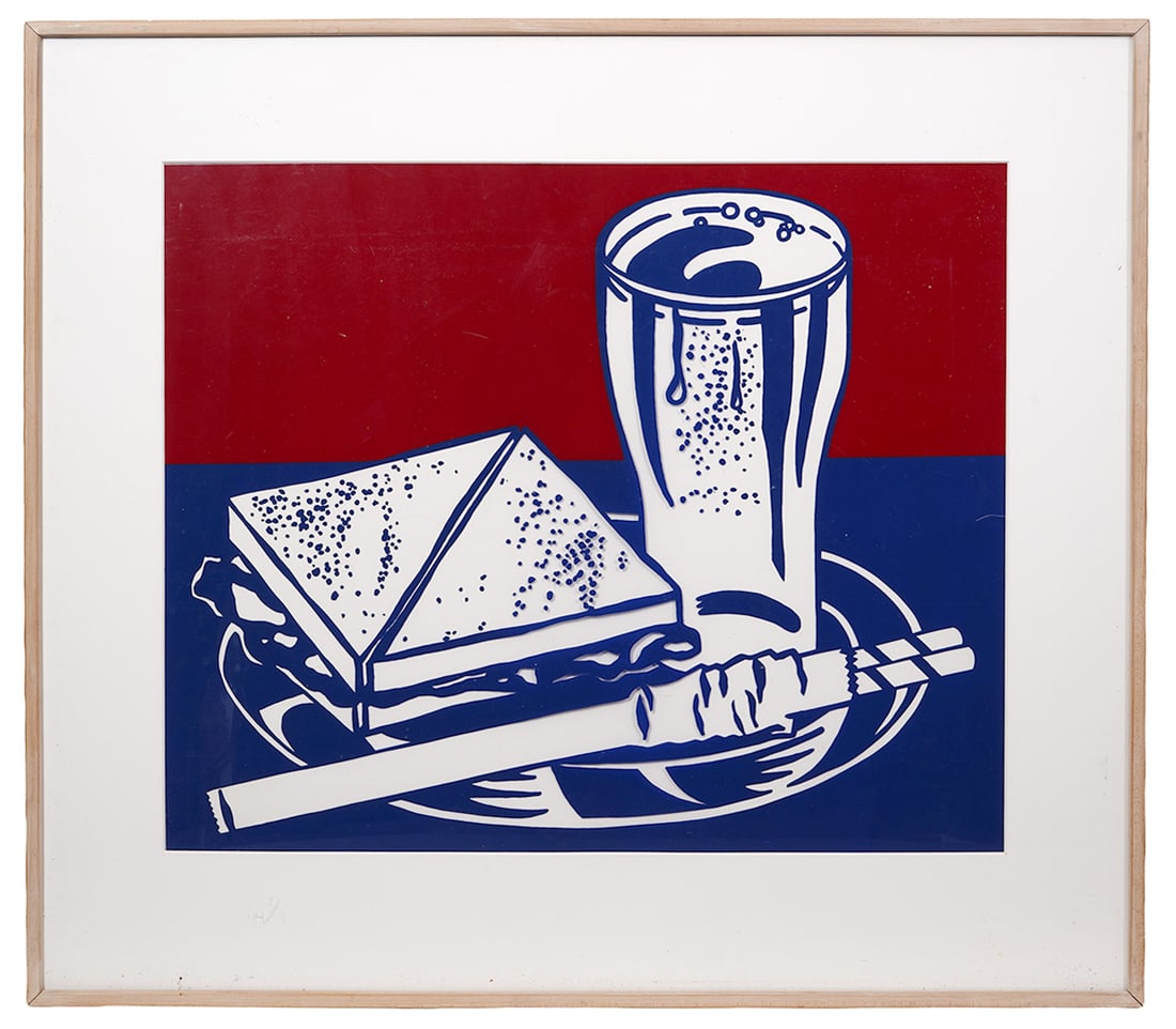 Roy Lichtenstein 'Sandwich and Soda' Screenprint: Roy Lichtenstein, American (1923-1997). 'Sandwich and Soda' is a screenprint on plastic mounted in a light wood frame under plexiglass and is part of 'Ten Works by Ten Painters' portfolio. Measures 27